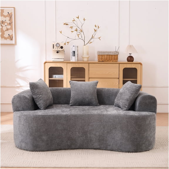 JERFIT Modern Crescent Sofa 3-Seater with High Resilience Foam & Springs, Low Back Design, Plush Gray Chenille Fabric, No Assembly Required