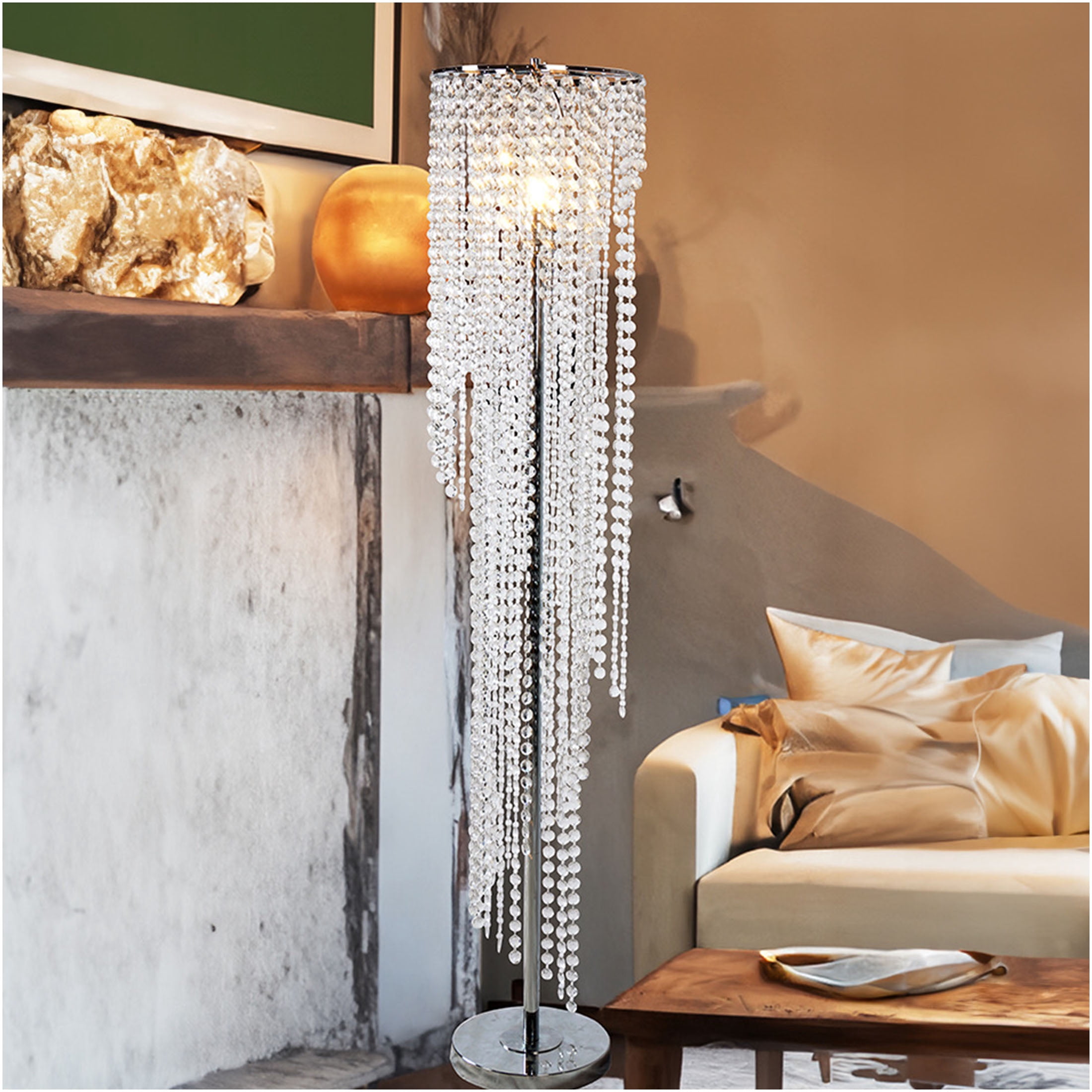 JERFIT Modern Crystal Floor Lamp for Living Room, Chrome Finish with Glass Beads, Tall Standing Lamp for Bedroom, Ambient Light with Refractive Crystals, UL Listed