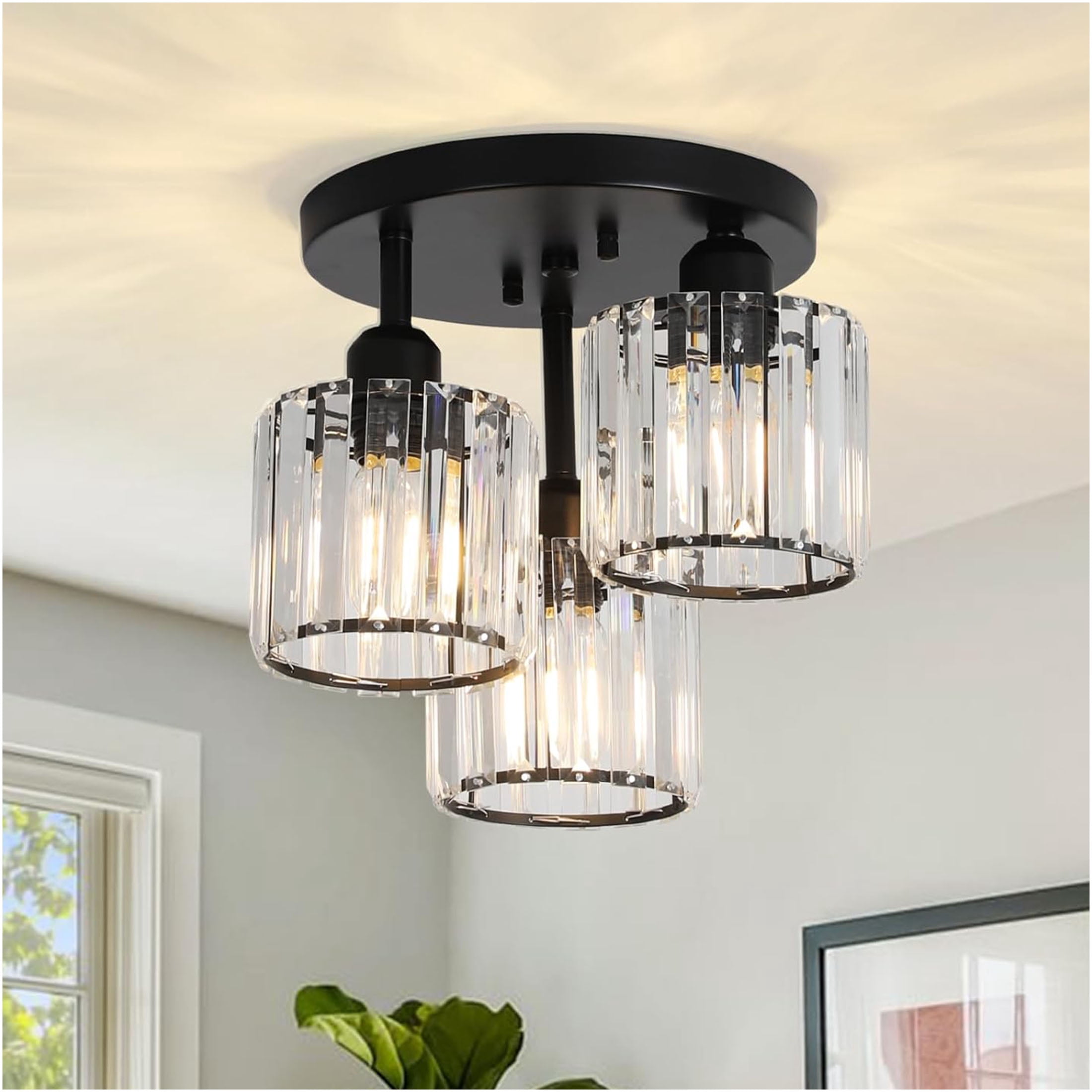JERFIT Modern Crystal Semi-Flush Mount Ceiling Light Fixture, 3-Light Black Kitchen Lighting with Clear Prism Shade for Hallway, Bedroom, Bathroom