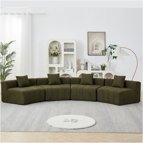 JERFIT Modern Curved Chenille Sectional Sofa with Pillows, 4-Seat Symmetrical Modular Cloud Couch for Living Room, Bedroom, Office, Lobby in Green