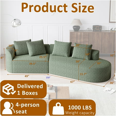 JERFIT Modern Curved Cloud Couch, 4-Seater Oversized Sectional Sofa with Pillows, Deep Seat Chenille Upholstery, Free Combination Design for Living Room, Green