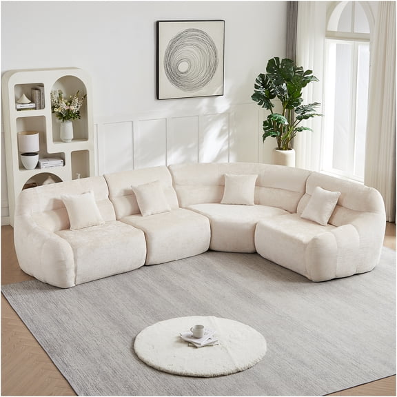 JERFIT Modern Curved Corner Sectional Sofa with Pillows, Oversized 4-Seater Cloud Couch, Chenille Fabric, High Back, No Assembly, Beige