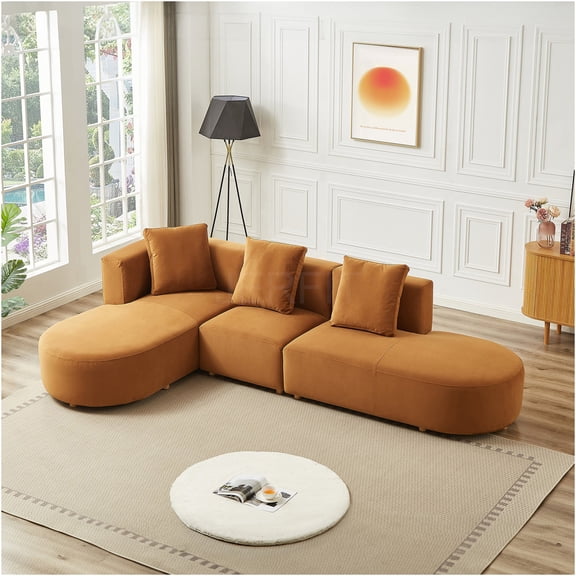 JERFIT Modern Curved Velvet Sectional Sofa, Left Facing Chaise, Plush Cloud Couch for Living Room, 4-Seater, Cognac