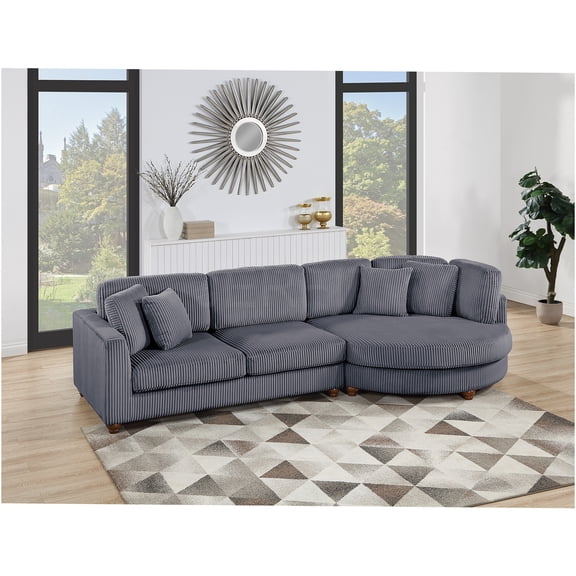 JERFIT Modern Dark Gray Corduroy 4-Seat Sectional Sofa Set with Round Chaise, Plush Pillows for Living Room