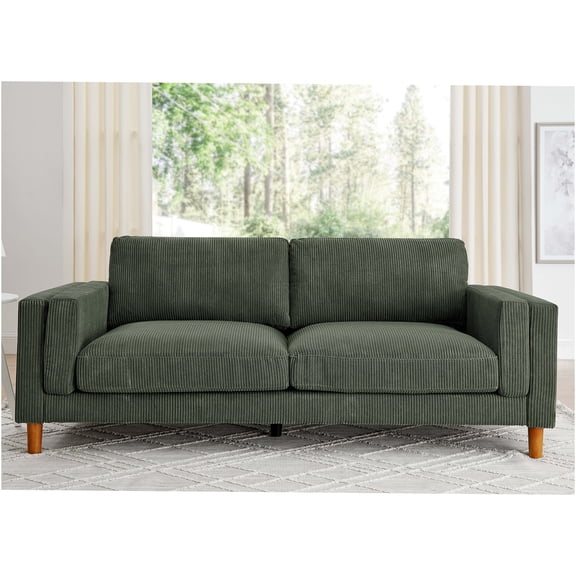 JERFIT Modern Dark Green Corduroy 3-Seater Sofa with Square Arms and Sturdy Wood Legs for Living Room