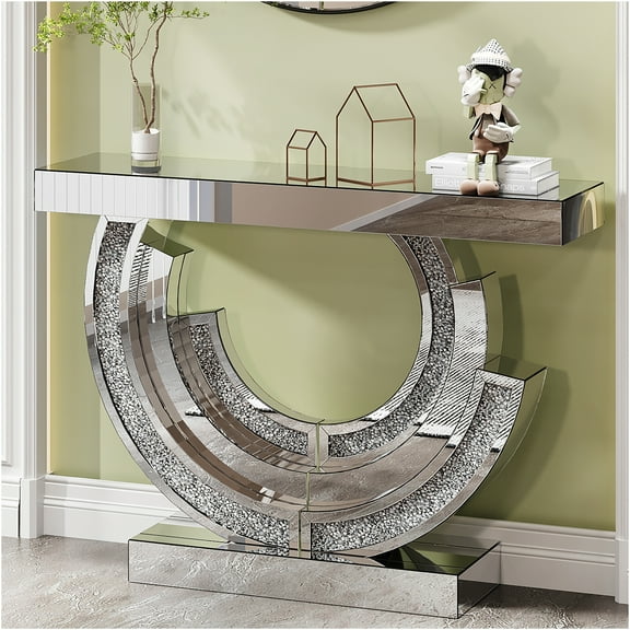 JERFIT Modern Diamond Mirror Console Table, 3D Spiral Silver Hallway Sofa Table for Living Room Entryway, Glass Top Accent Table