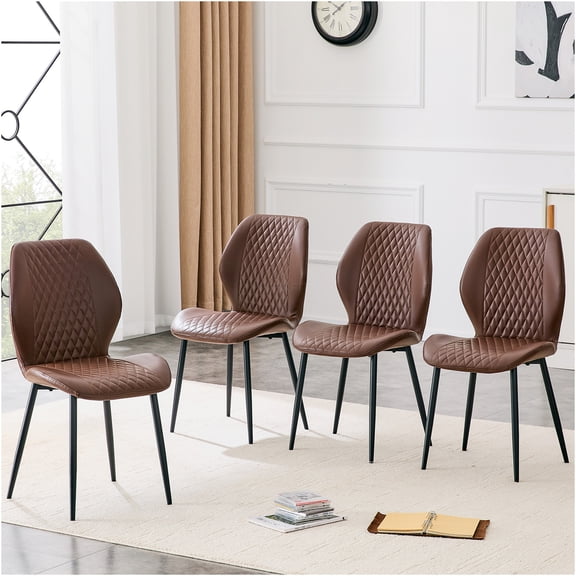 JERFIT Modern Dining Chairs Set of 4, Brown PU Leather Upholstered Side Chairs with Diamond Quilted Back and Black Metal Legs for Kitchen, Dining Room, Cafe