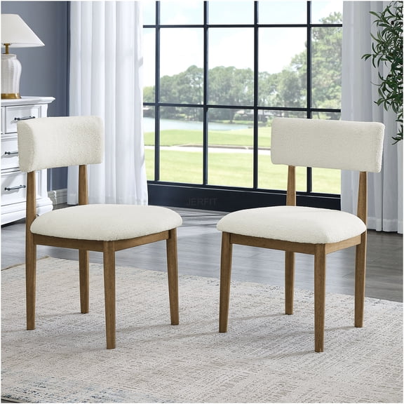 JERFIT Modern Dining Chairs Set of 2, Brown Oak Wood Side Chairs with Plush Beige Sherpa Upholstery for Kitchen and Dining Room