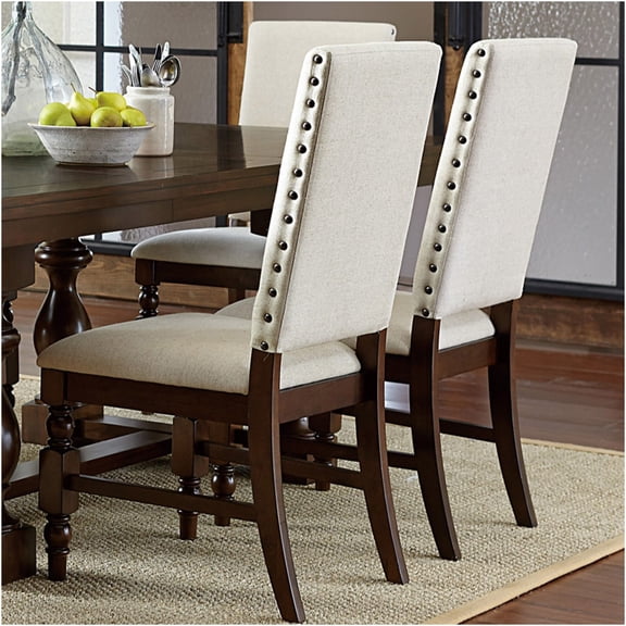 JERFIT Modern Dining Chairs Set of 2, Cream Upholstered Side Chairs with Nailhead Trim and Dark Oak Wood Legs