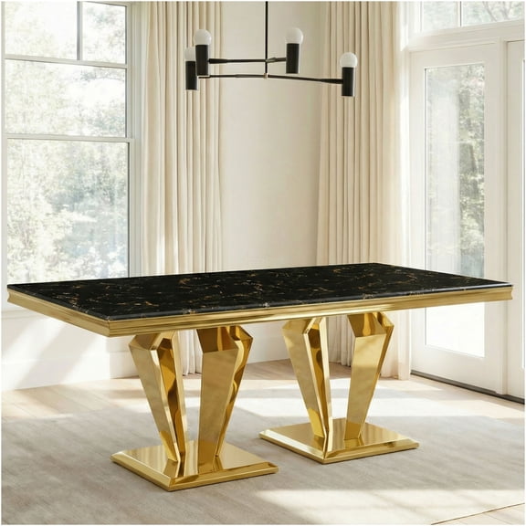 JERFIT Modern Dining Table with Marble Top and Gold Diamond Base, Black Gold Kitchen Table for 6, Stainless Steel Legs Contemporary Large Dining Room Table
