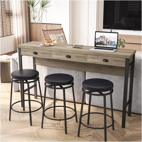 JERFIT Modern Dining Table Set with 3 Swivel Stools, Built-in Power Outlets, 3 Storage Drawers, for Kitchen, Breakfast Nook, Cafe, Brown Gray and Black