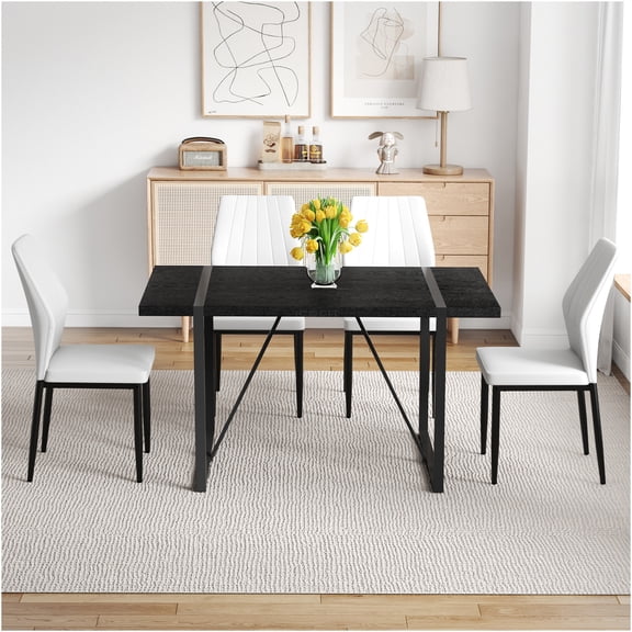 JERFIT Modern Dining Table Set with 4 Chairs, Black Wood Grain Rectangular Kitchen Table and White PU Shell Pattern Chairs, Retro Minimalist Furniture for Dining Room