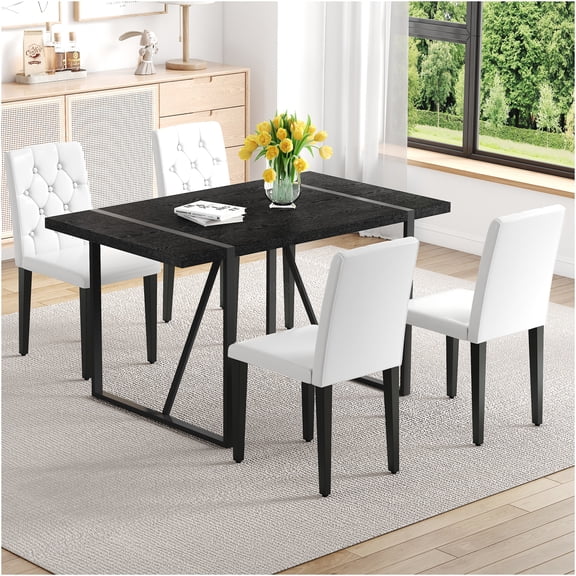 JERFIT Modern Dining Table Set for 4, Black Faux Wood Rectangular Table with 4 White PU Chairs, Minimalist Retro Kitchen Dining Room Furniture