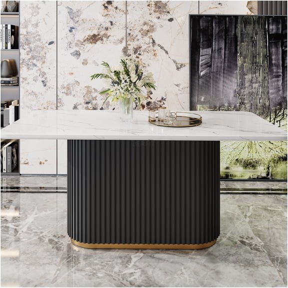 JERFIT Modern Dining Table for 6, Faux Marble Top with Black Wave Metal Base and Gold Trim, Rectangular Kitchen Table