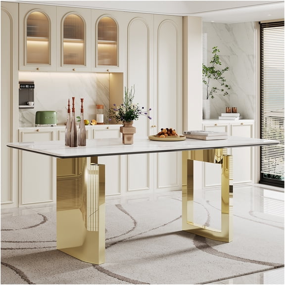 JERFIT Modern Dining Table with Gold Stainless Steel Base & Sintered Stone Top for Kitchen, Breakfast Nook, Dining Room