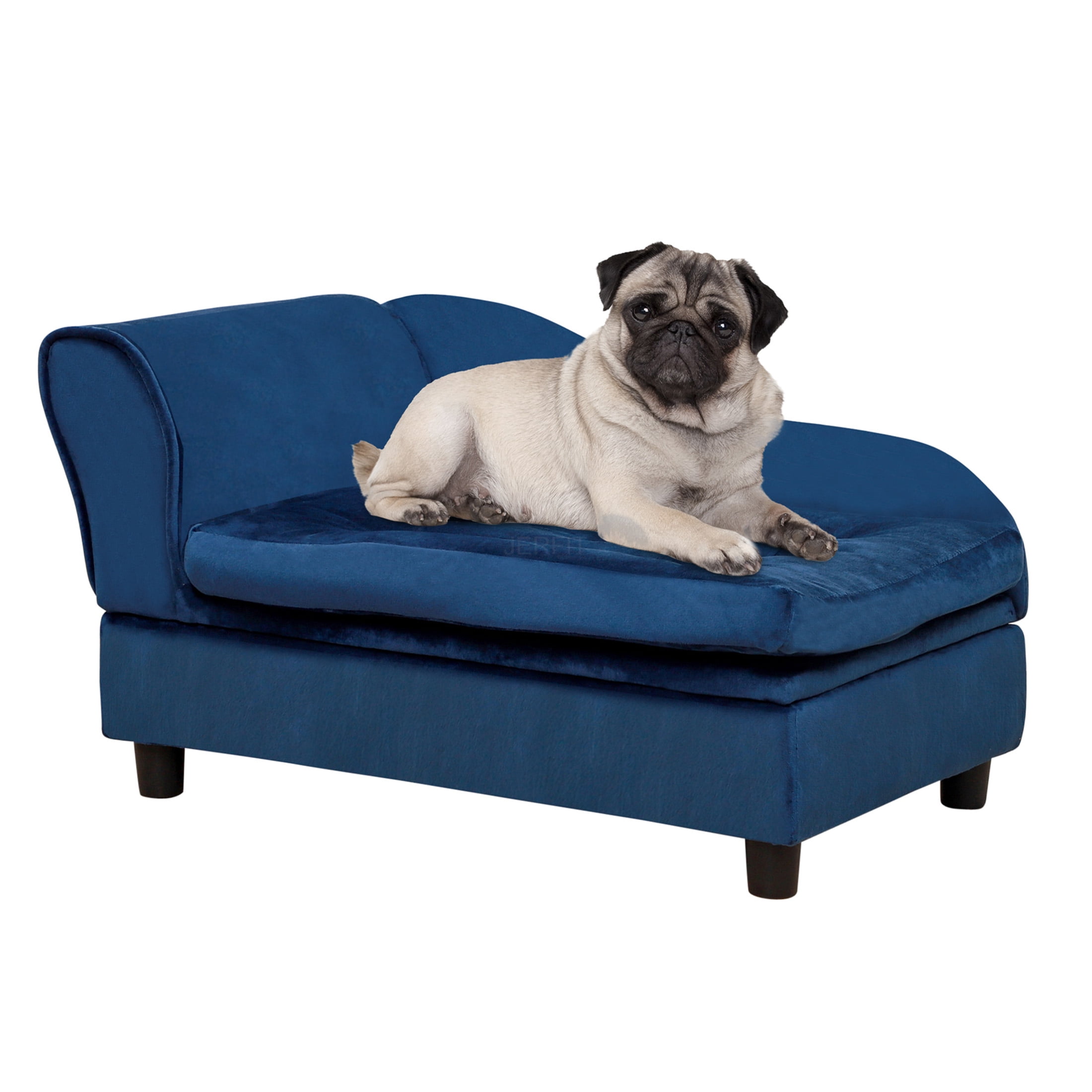 JERFIT Modern Dog Bed with Storage, Small Dog Couch Sofa with Plush 3" Foam Cushion, Cozy Pet Furniture for Puppies, Cats & Small Breeds, Blue Wooden Frame