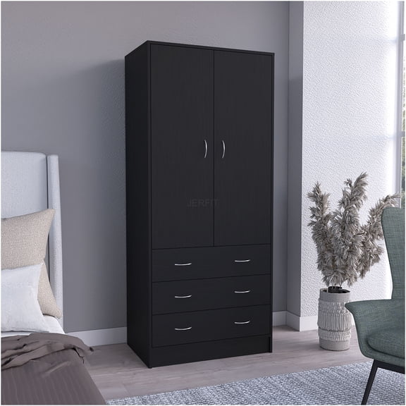 JERFIT Modern Double Door Armoire with Drawers, Black Bedroom Storage Cabinet