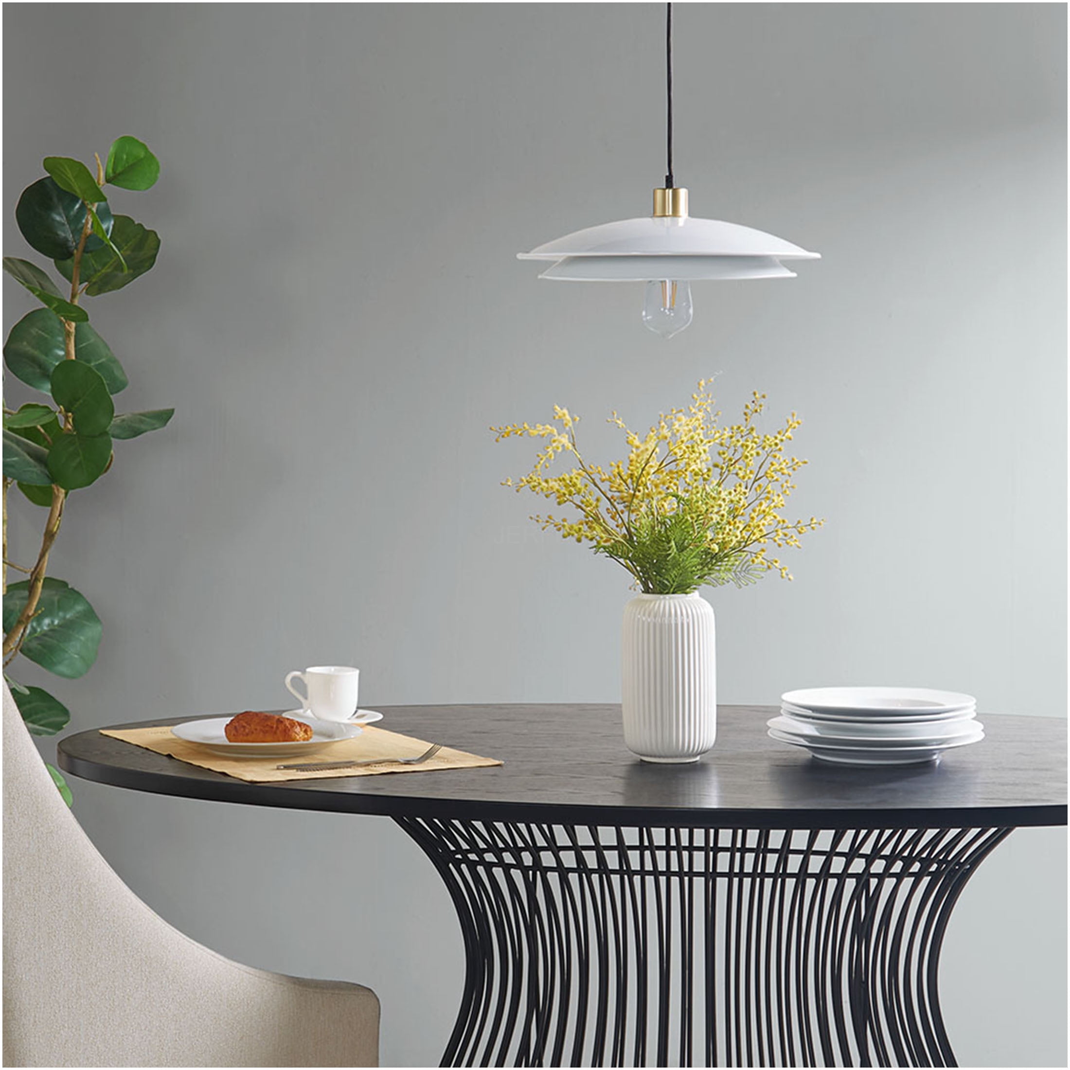 JERFIT Modern Double Layer Pendant Light Fixture, Gold and White Metal Ceiling Light for Kitchen Island Dining Room, Dimmable Hanging Light with 43" Cord, 1 Bulb E26 Base (Bulb Not Included)