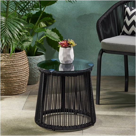 JERFIT Modern Drum Accent Table with Tempered Glass Top & Hand-Woven Rope Design, Small Side Table for Indoor Outdoor Living Room Patio Balcony, Black