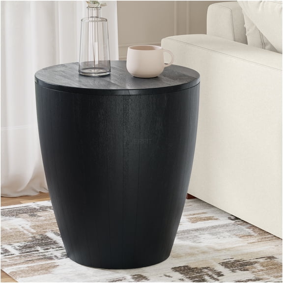 JERFIT Modern Drum Side Table for Living Room, Black Wood End Table with Storage for Bedroom, Sofa, Entryway