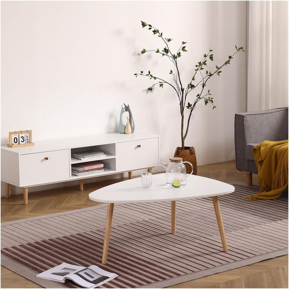 JERFIT Modern Egg Shape Coffee Table, 37.4" Small Oval Accent Table with Storage Shelf, White and Oak Finish for Living Room, Bedroom