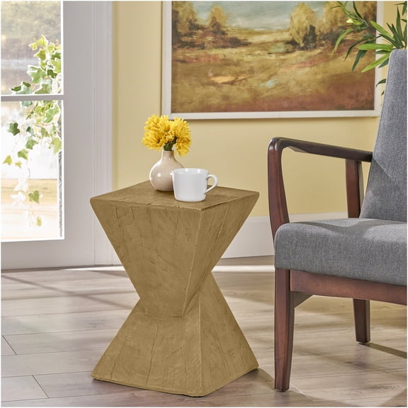 JERFIT Modern End Table, Small Side Table with Geometric Twisted Base, Light Natural Finish for Living Room, Bedroom, Patio