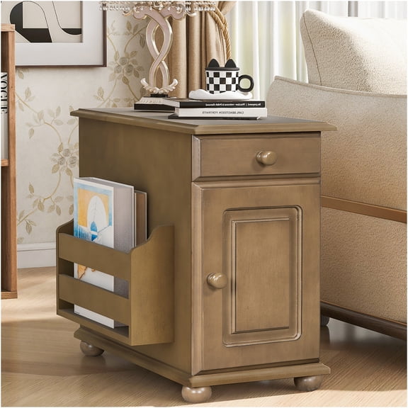 JERFIT Modern End Table with USB Charging Station, Flip Top Design, Pull-Out Drawer with Cup Holder, Bookshelf & Hidden Storage Cabinet for Small Space Living Room, Bedroom, Brown