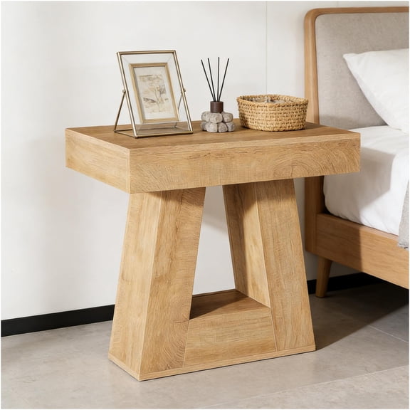 JERFIT Modern End Table with Unique Trapezoid Base, Natural Wood Finish Side Table for Living Room, Bedroom, Office, 2-Tier Nightstand Tea Table with Spacious Surface, Easy Assembly