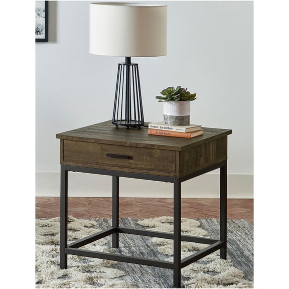 JERFIT Modern End Table with Drawer, Industrial Square Nightstand for Living Room, Rustic Brown Oak & Black Metal Accent Side Table