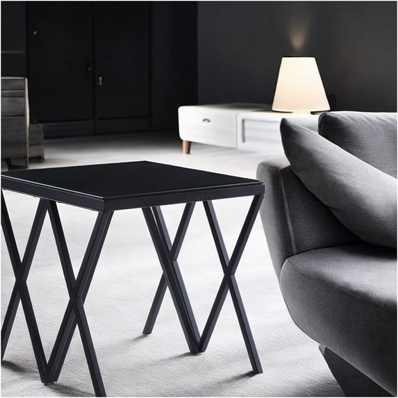 JERFIT Modern End Table with Magenta Glass Top, Black Metal Frame Accent Table for Living Room, Bedroom, Sofa Side