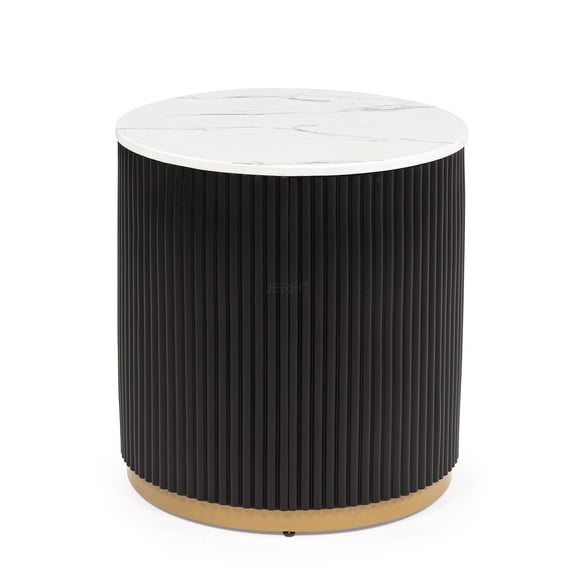 JERFIT Modern End Table with Marble Top, Gold Metal Base & Reeded Detail for Living Room, Bedroom, or Office
