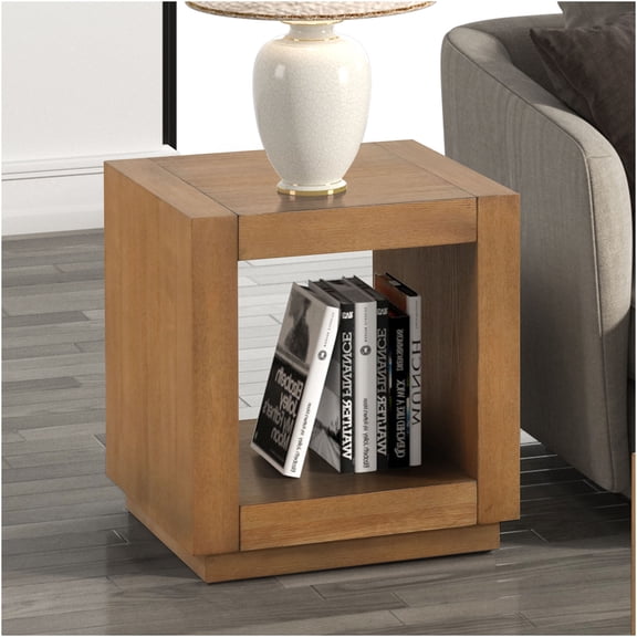 JERFIT Modern End Table with Open Shelf, Plinth Base Accent Table for Living Room, Medium Oak Finish Nightstand