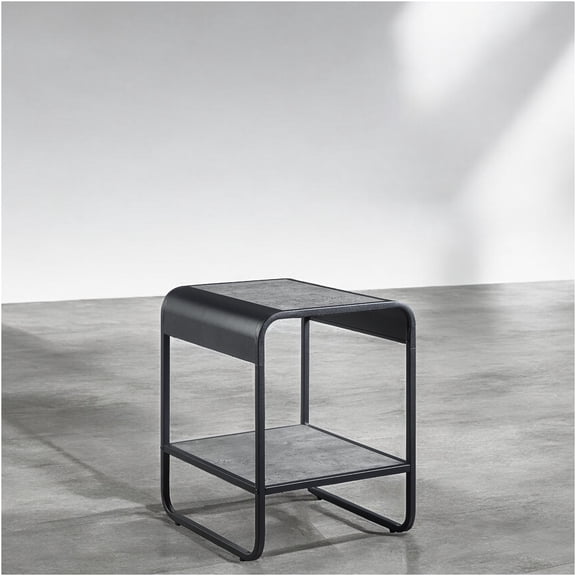 JERFIT Modern End Table with Storage, Concrete Gray & Black Finish Nightstand, Small Side Table with Metal Frame for Living Room, Bedroom