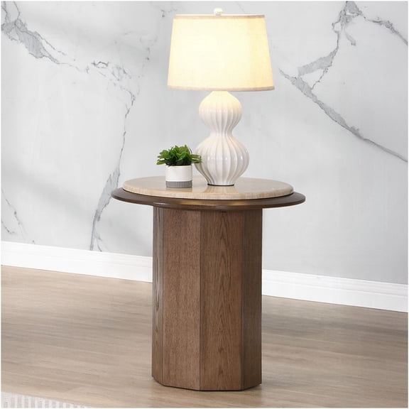 JERFIT Modern End Table with Travertine Top, Walnut Finish Side Table for Living Room, Sofa Table, Bedroom Accent Table