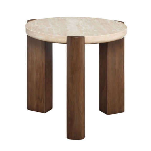 JERFIT Modern End Table with Travertine Top and Dark Oak Finish, Cream Oak Nightstand for Living Room, Bedroom, Entryway