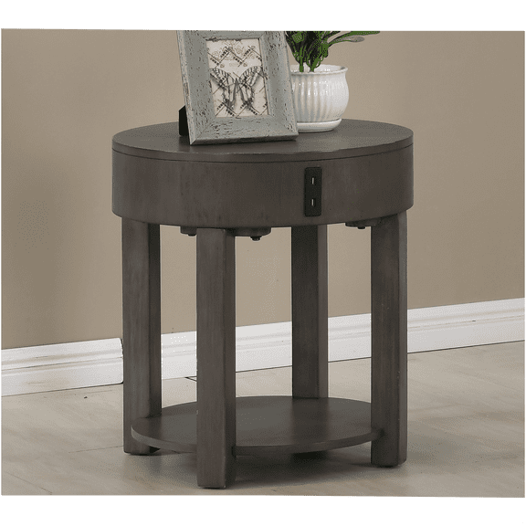 JERFIT Modern End Table with USB Charging Ports, Light Brown Nightstand with Round Shelf for Living Room, Bedroom, MDF Sofa Side Table