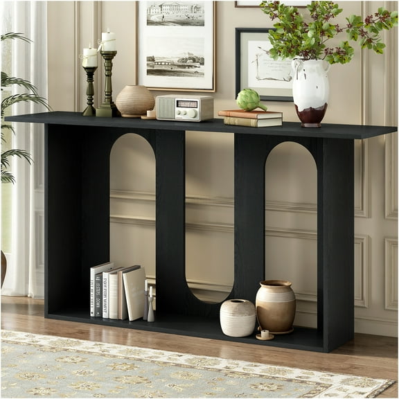 JERFIT Modern Entryway Console Table with Shelf, Black Ash Veneer Finish, Curved Design Hallway Sofa Table for Living Room, Foyer