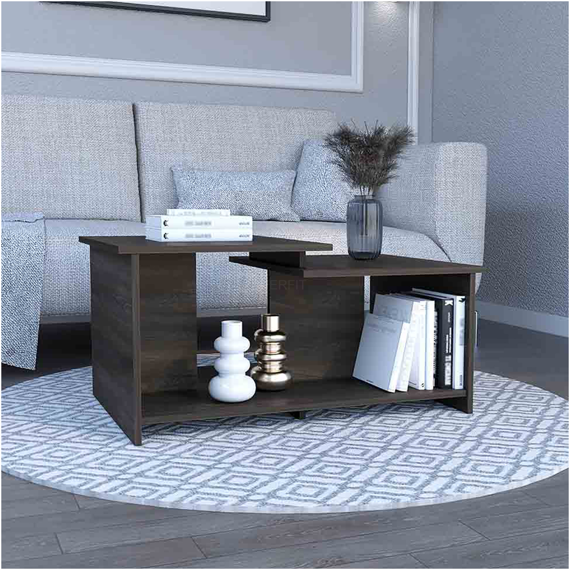 JERFIT Modern Espresso Brown Coffee Table with Open Shelf, 2-Tier Sofa ...