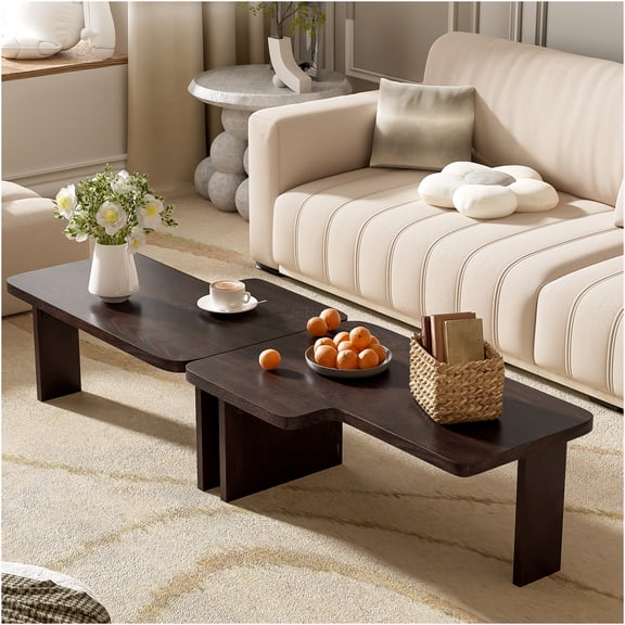 JERFIT Modern Espresso Coffee Table Set, 2-Piece Modular MDF Sofa Table with Wood Grain Finish, Rectangle & Square Configurations for Small Space Living Room