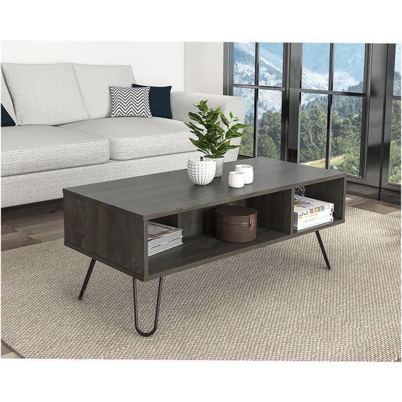JERFIT Modern Espresso Finish Coffee Table with 2 Shelves, 39.8" Console Table with Metal Legs for Living Room, Entryway