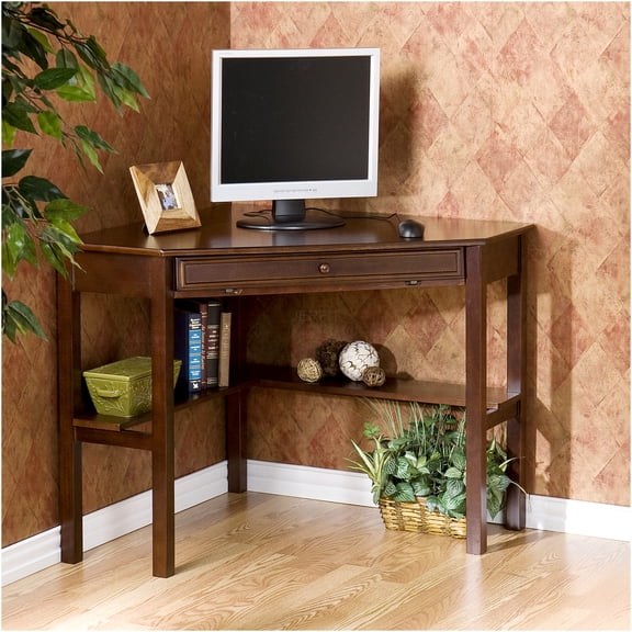 JERFIT Modern Espresso Wood Computer Desk with Drawers & Keyboard Tray, Home Office Writing Study Gaming Desk, Solid Wood Construction