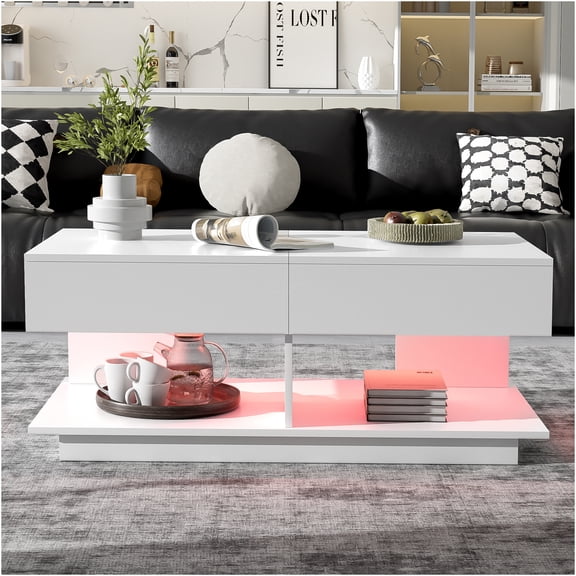 JERFIT Modern Expandable Coffee Table with LED Lights & Storage, White High-Gloss MDF Adjustable Console Table for Living Room, Bluetooth Controlled Multifunctional Center Table