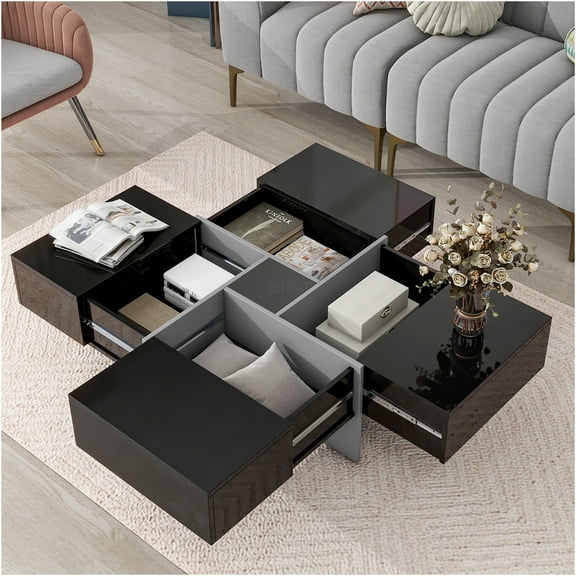 JERFIT Modern Expandable Coffee Table with 4 Hidden Storage Drawers, Black UV High-Gloss Square Center Table for Living Room