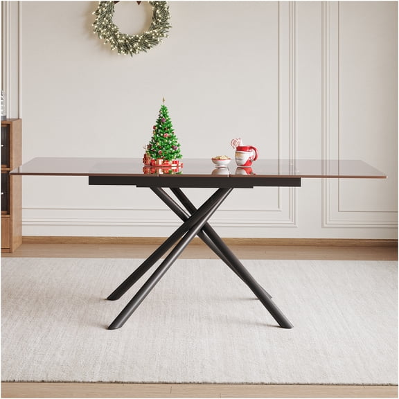 JERFIT Modern Expandable Dining Table with Retractable Leaf, Black Glass Top & X-Base, Space Saving Table for Small Space, Kitchen, Apartment