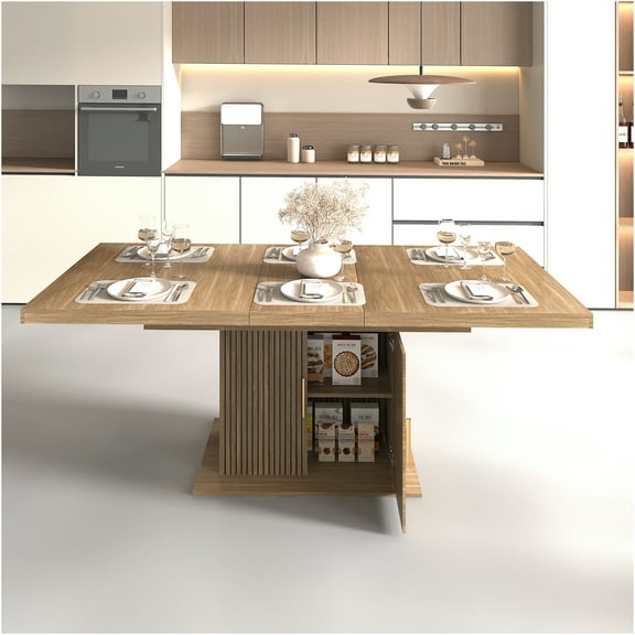 JERFIT Modern Expandable Dining Table with Storage Cabinet, Black Brown Trestle Table for 6-10 Person, Waterproof Scratch-Resistant