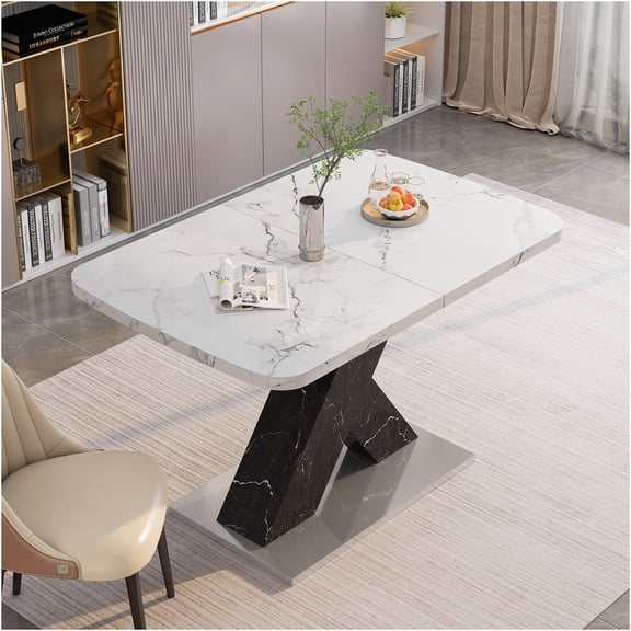 JERFIT Modern Expandable Dining Table with White Marble Top & Black X-Base, Extendable Rectangle Kitchen Table for 4-6 Seater