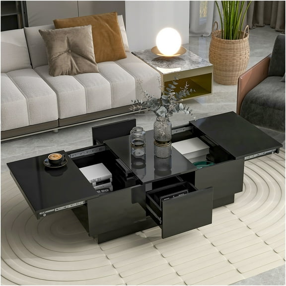 JERFIT Modern Extendable Coffee Table with Hidden Storage, 2 Drawers, High-Gloss Black Cocktail Table for Living Room
