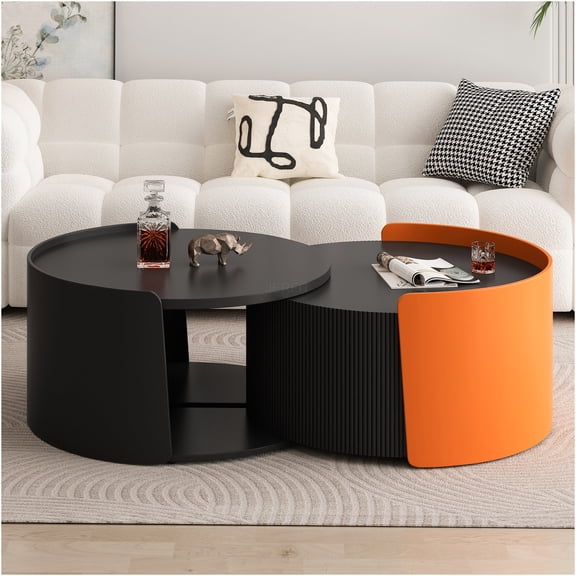 JERFIT Modern Extendable Round Coffee Table with Storage, Pull Out Nesting Side Table for Small Spaces, No Assembly Required, Black
