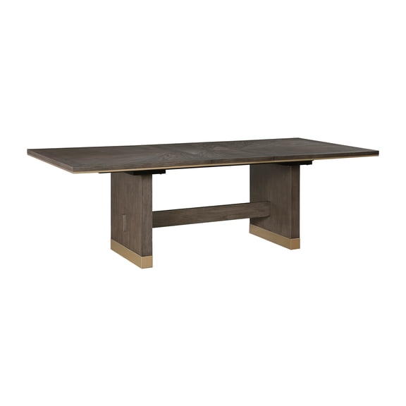 JERFIT Modern Extension Dining Table with Self-Storage Leaf, Brown and Gold Trestle Base for 8 Seater Contemporary Dining Room