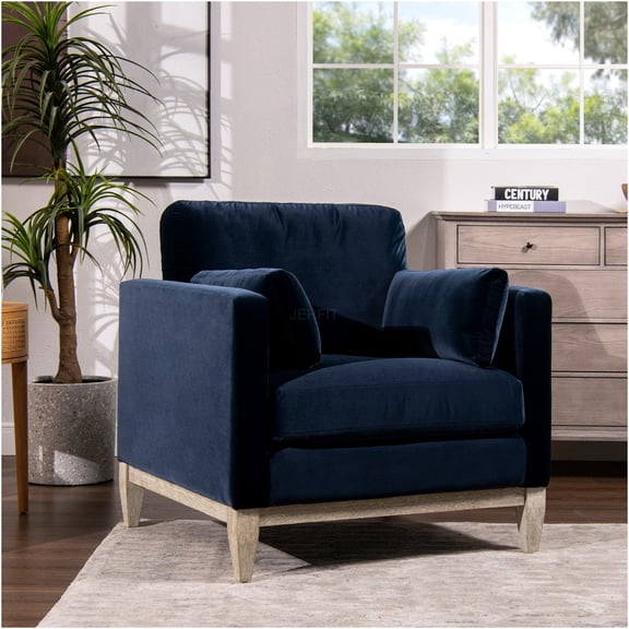 JERFIT Modern Farmhouse Accent Armchair with Performance Velvet Upholstery and Solid Wood Legs, Dark Navy Blue for Living Room, Bedroom